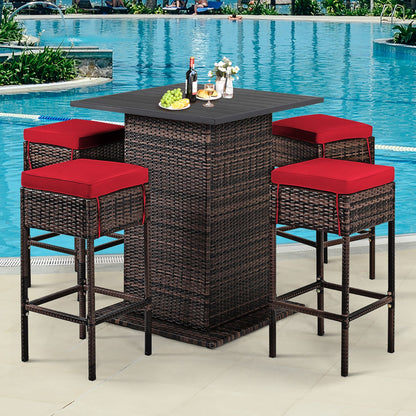 Set da bar per esterni in rattan da 5 pezzi, mobili da bar per patio con cuscini e sgabelli