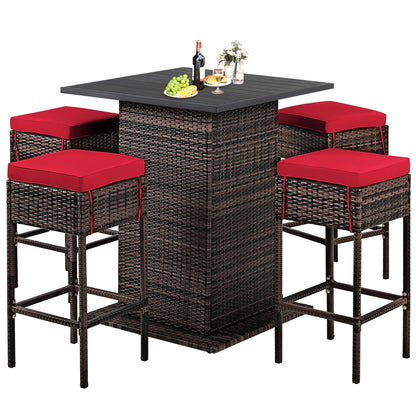 Set da bar per esterni in rattan da 5 pezzi, mobili da bar per patio con cuscini e sgabelli