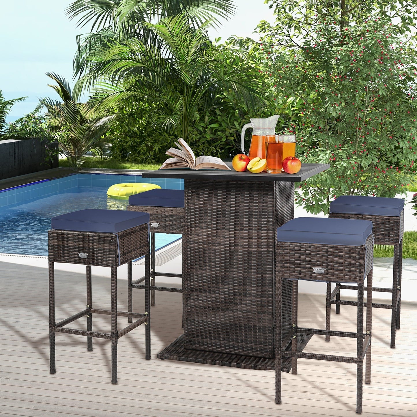 Set da bar per esterni in rattan da 5 pezzi, mobili da bar per patio con cuscini e sgabelli