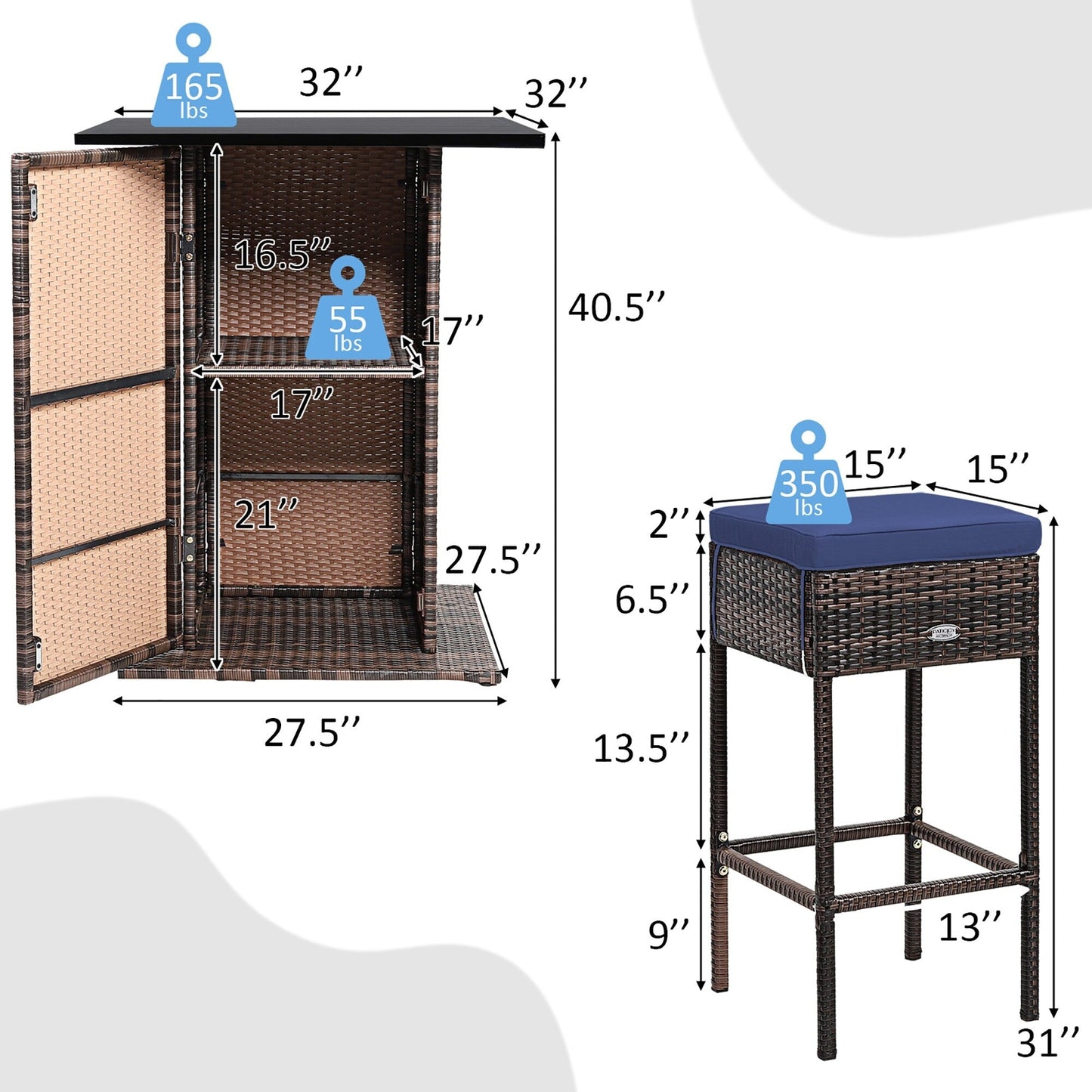 Set da bar per esterni in rattan da 5 pezzi, mobili da bar per patio con cuscini e sgabelli