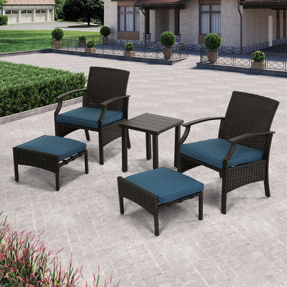 Set da conversazione per patio da 5 pezzi con cuscini, tavolino e pouf