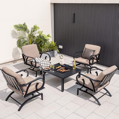 Set da pranzo per patio da 5 pezzi con sedie a dondolo resistenti e tavolo con braciere