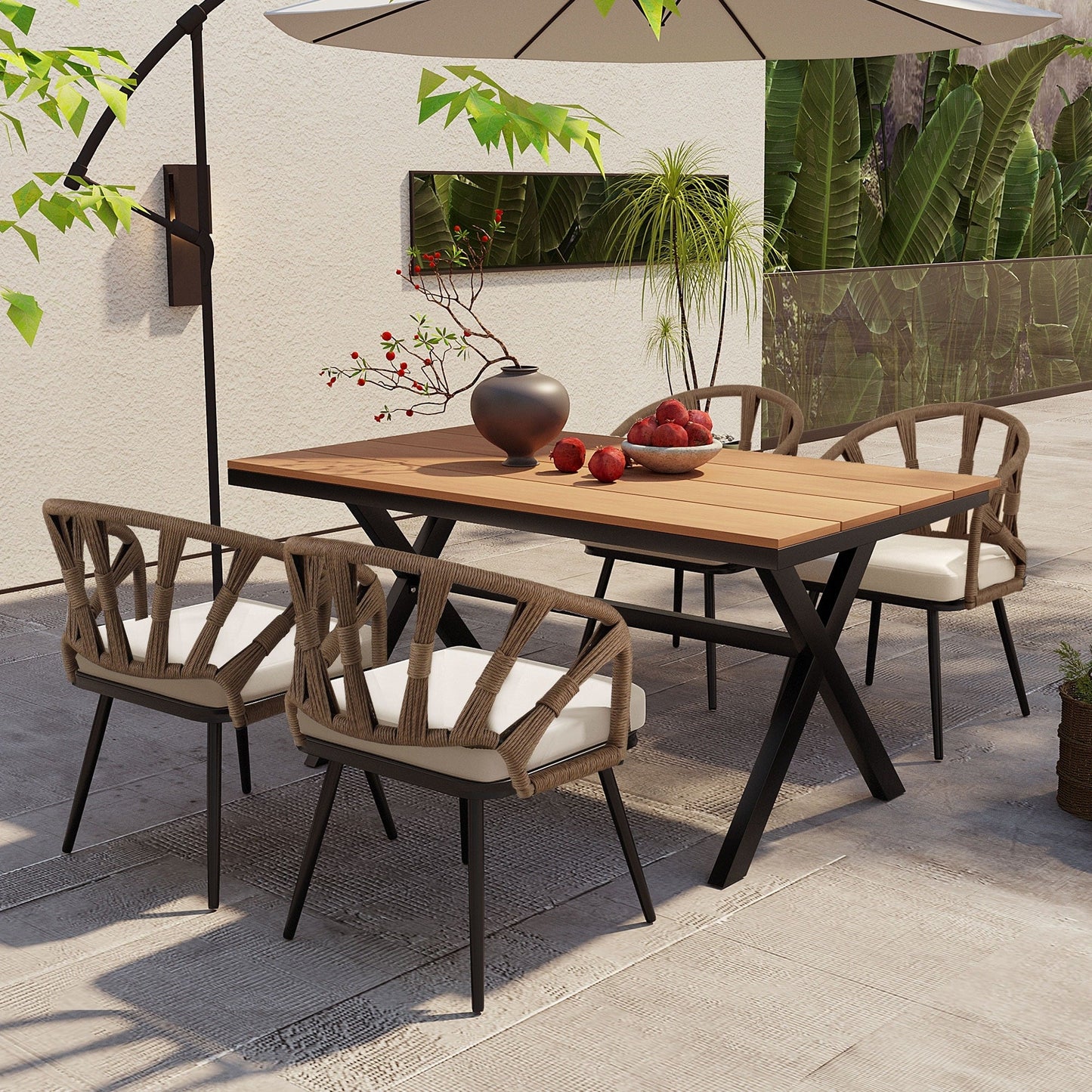 Set da 5 tavoli e sedie da pranzo per esterni, set di mobili da giardino con sedie in rattan PE e tavolo rettangolare in legno