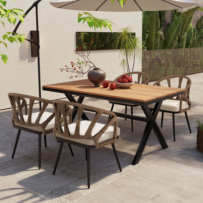 Set da 5 tavoli e sedie da pranzo per esterni, set di mobili da giardino con sedie in rattan PE e tavolo rettangolare in legno