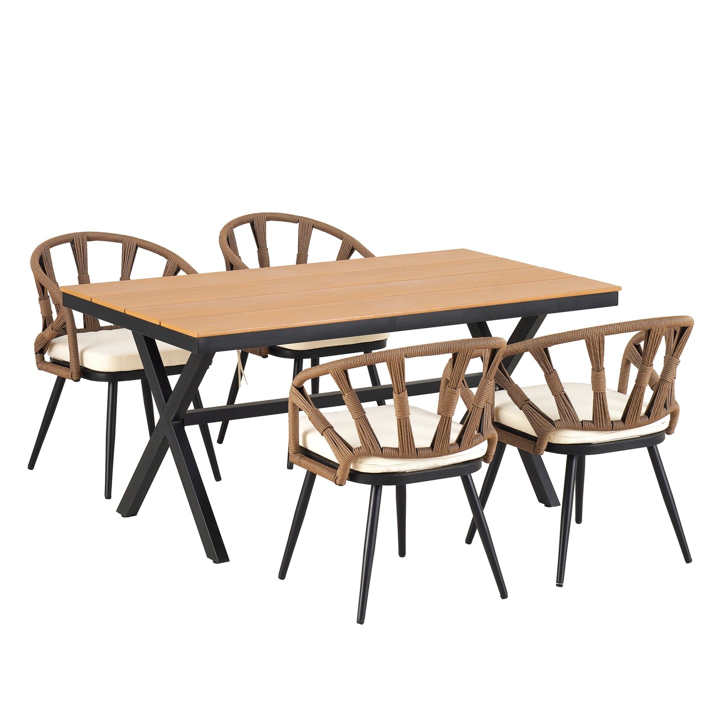 Set da 5 tavoli e sedie da pranzo per esterni, set di mobili da giardino con sedie in rattan PE e tavolo rettangolare in legno