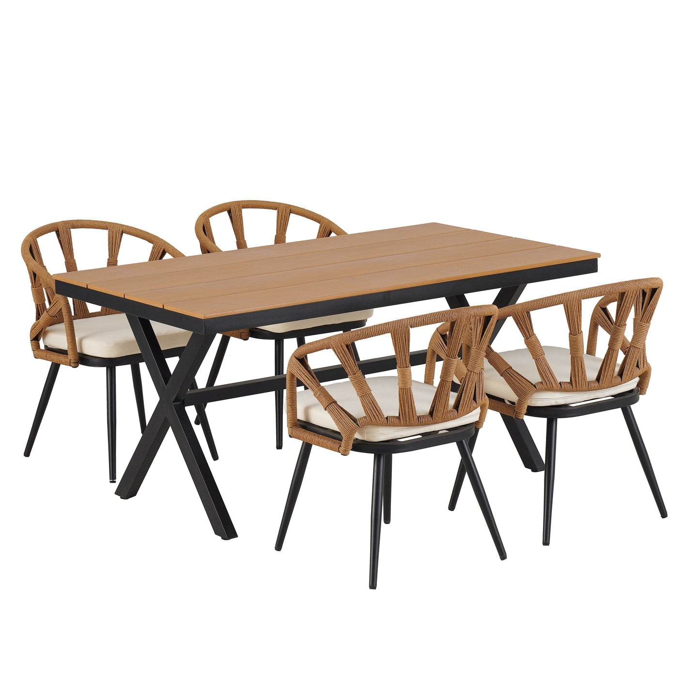 Set da 5 tavoli e sedie da pranzo per esterni, set di mobili da giardino con sedie in rattan PE e tavolo rettangolare in legno
