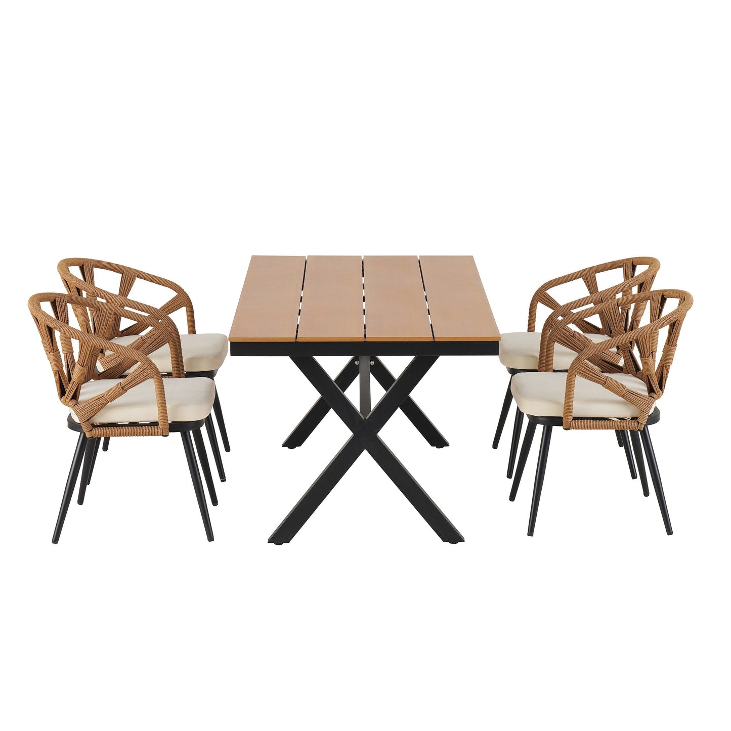 Set da 5 tavoli e sedie da pranzo per esterni, set di mobili da giardino con sedie in rattan PE e tavolo rettangolare in legno
