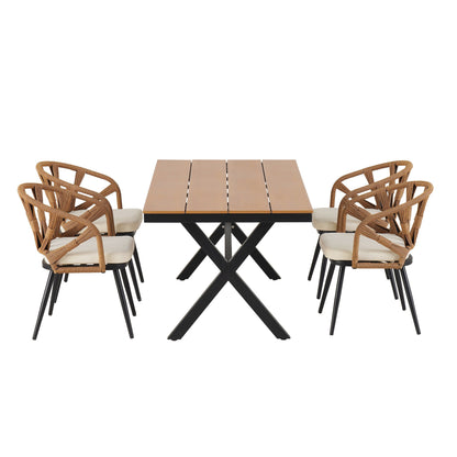 Set da 5 tavoli e sedie da pranzo per esterni, set di mobili da giardino con sedie in rattan PE e tavolo rettangolare in legno