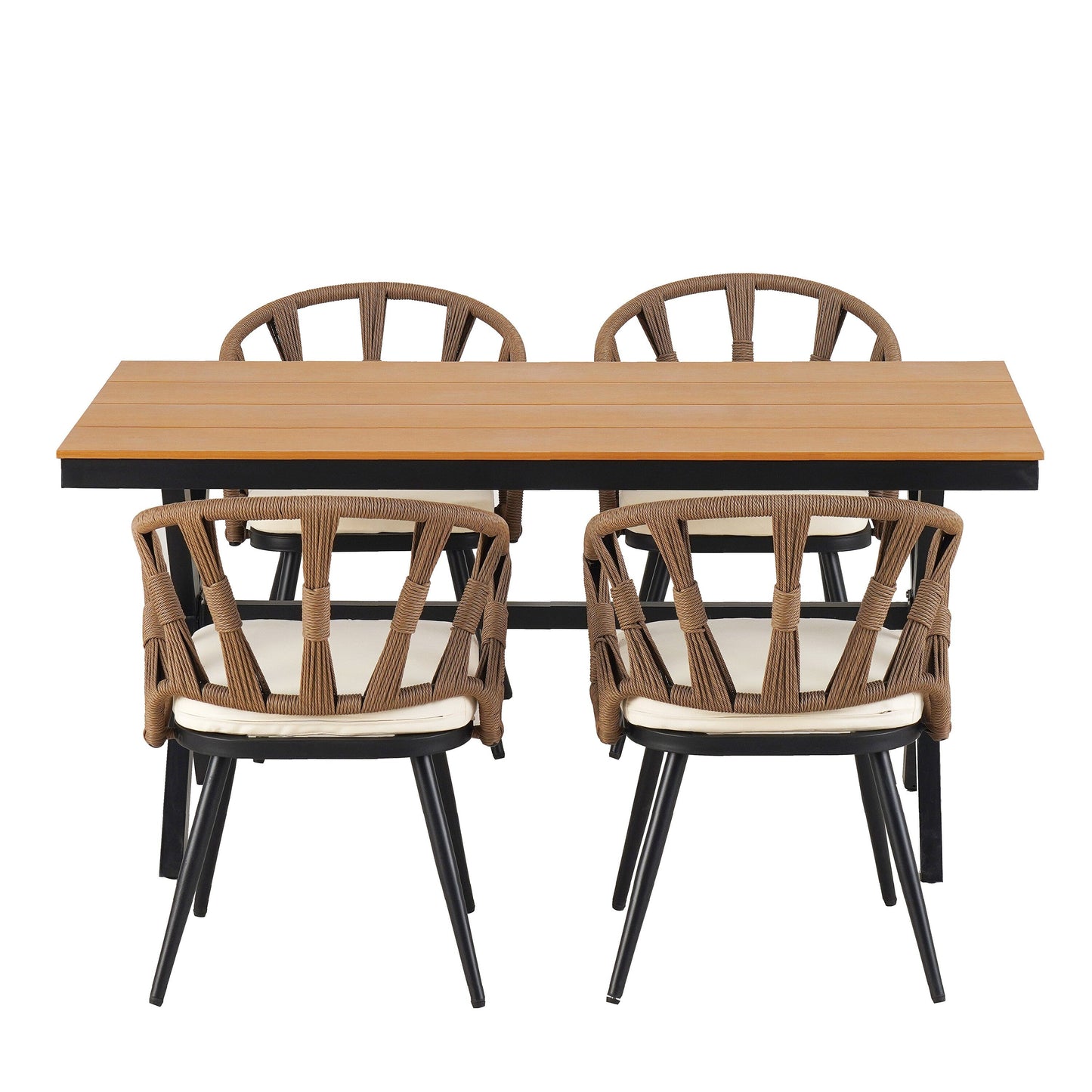 Set da 5 tavoli e sedie da pranzo per esterni, set di mobili da giardino con sedie in rattan PE e tavolo rettangolare in legno