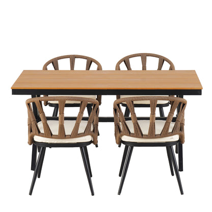 Set da 5 tavoli e sedie da pranzo per esterni, set di mobili da giardino con sedie in rattan PE e tavolo rettangolare in legno