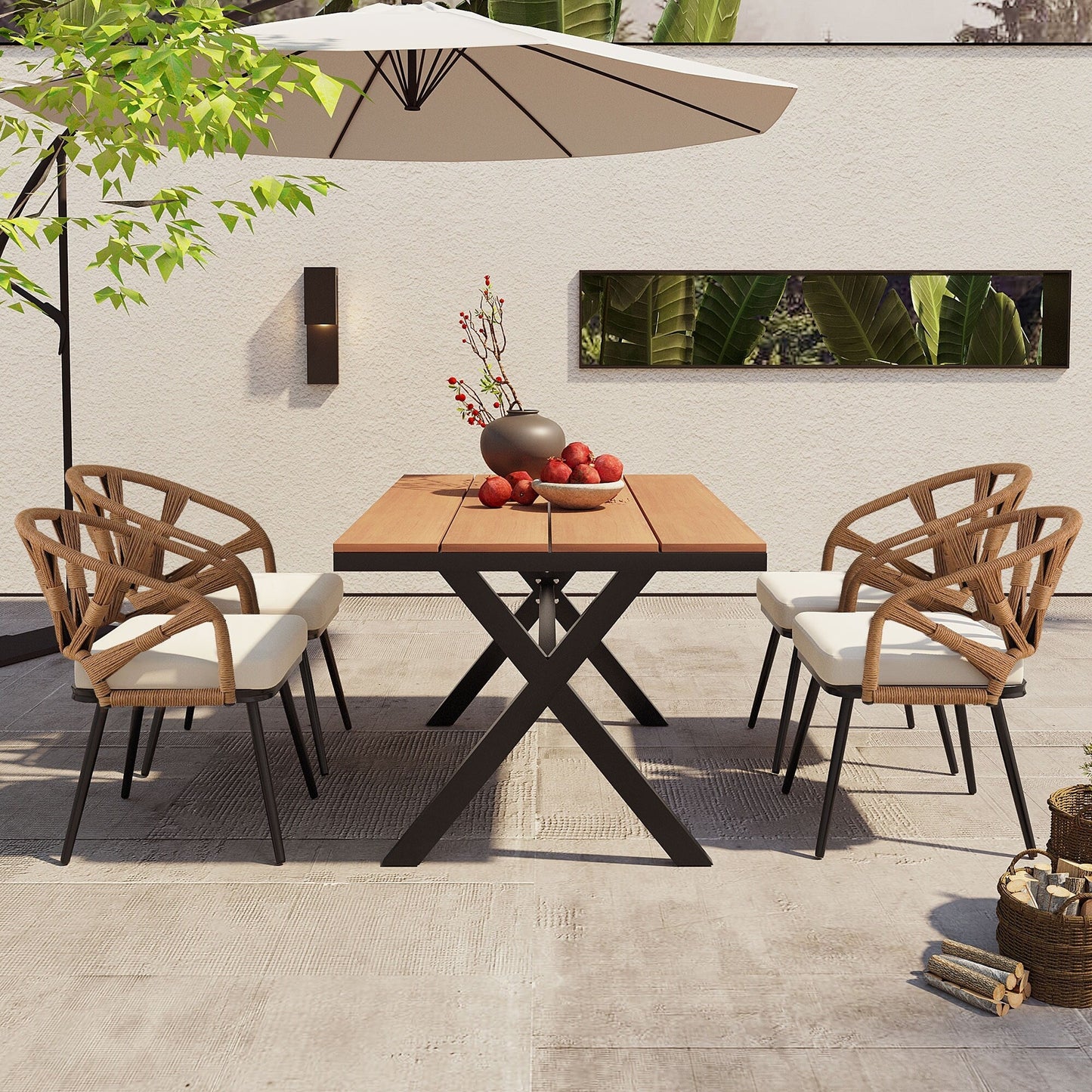 Set da 5 tavoli e sedie da pranzo per esterni, set di mobili da giardino con sedie in rattan PE e tavolo rettangolare in legno
