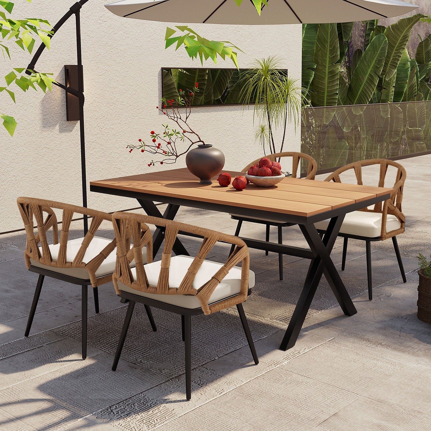 Set da 5 tavoli e sedie da pranzo per esterni, set di mobili da giardino con sedie in rattan PE e tavolo rettangolare in legno