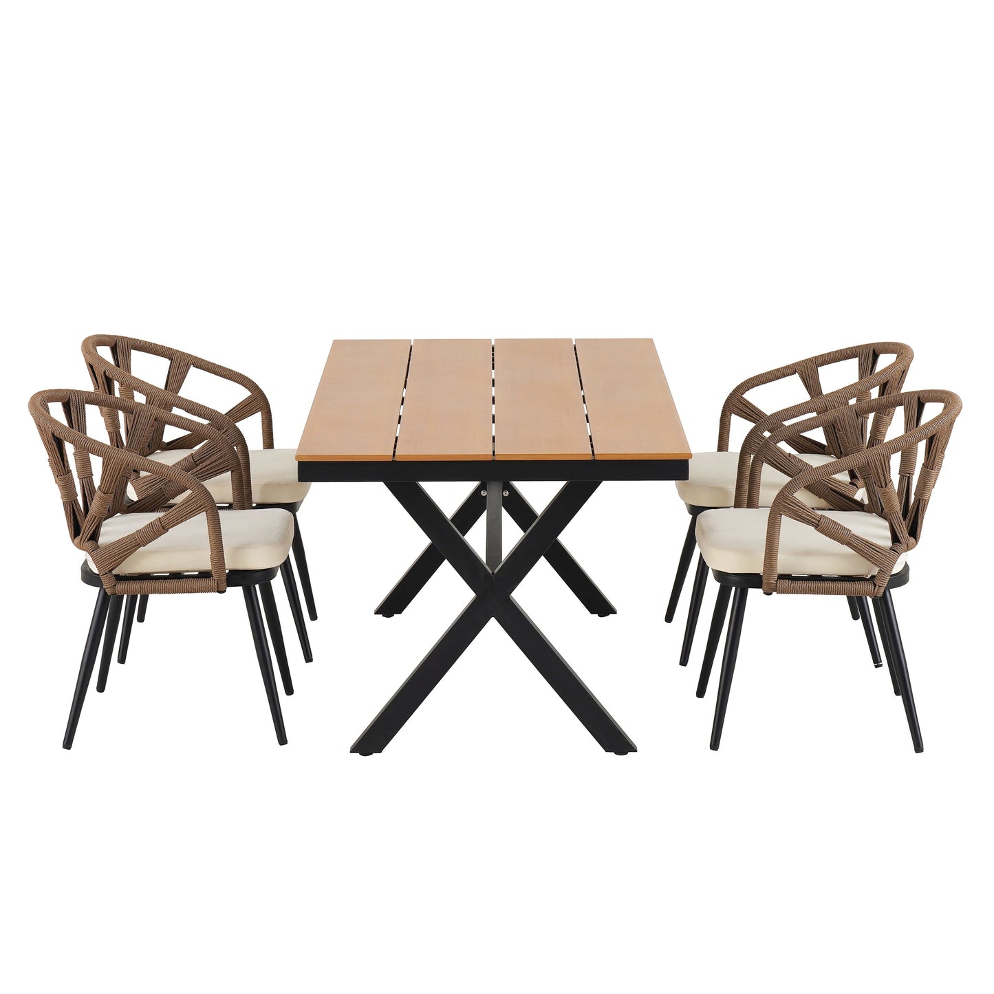 Set da 5 tavoli e sedie da pranzo per esterni, set di mobili da giardino con sedie in rattan PE e tavolo rettangolare in legno