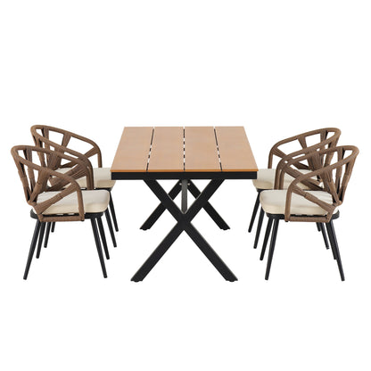 Set da 5 tavoli e sedie da pranzo per esterni, set di mobili da giardino con sedie in rattan PE e tavolo rettangolare in legno