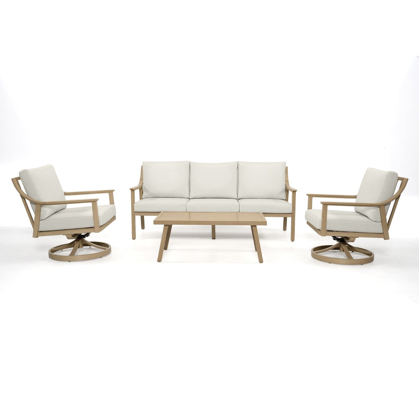 Set da conversazione in alluminio per 5 persone con sedie girevoli, tavolino e cuscini