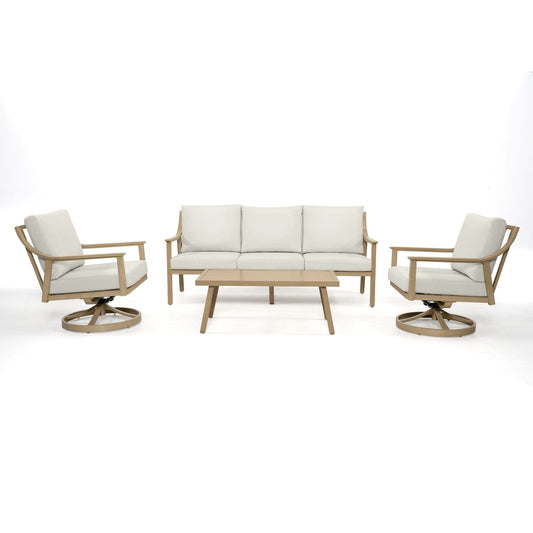 Set da conversazione in alluminio per 5 persone con sedie girevoli, tavolino e cuscini