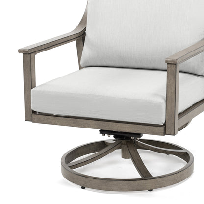 Set da conversazione in alluminio per 5 persone con sedie girevoli, tavolino e cuscini