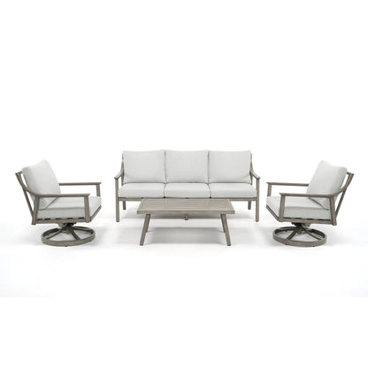 Set da conversazione in alluminio per 5 persone con sedie girevoli, tavolino e cuscini
