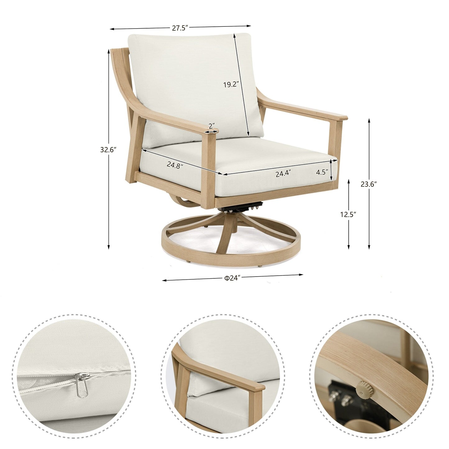 Set da conversazione in alluminio per 5 persone con sedie girevoli, tavolino e cuscini