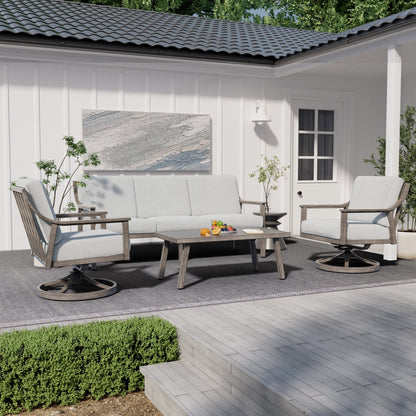 Set da conversazione in alluminio per 5 persone con sedie girevoli, tavolino e cuscini