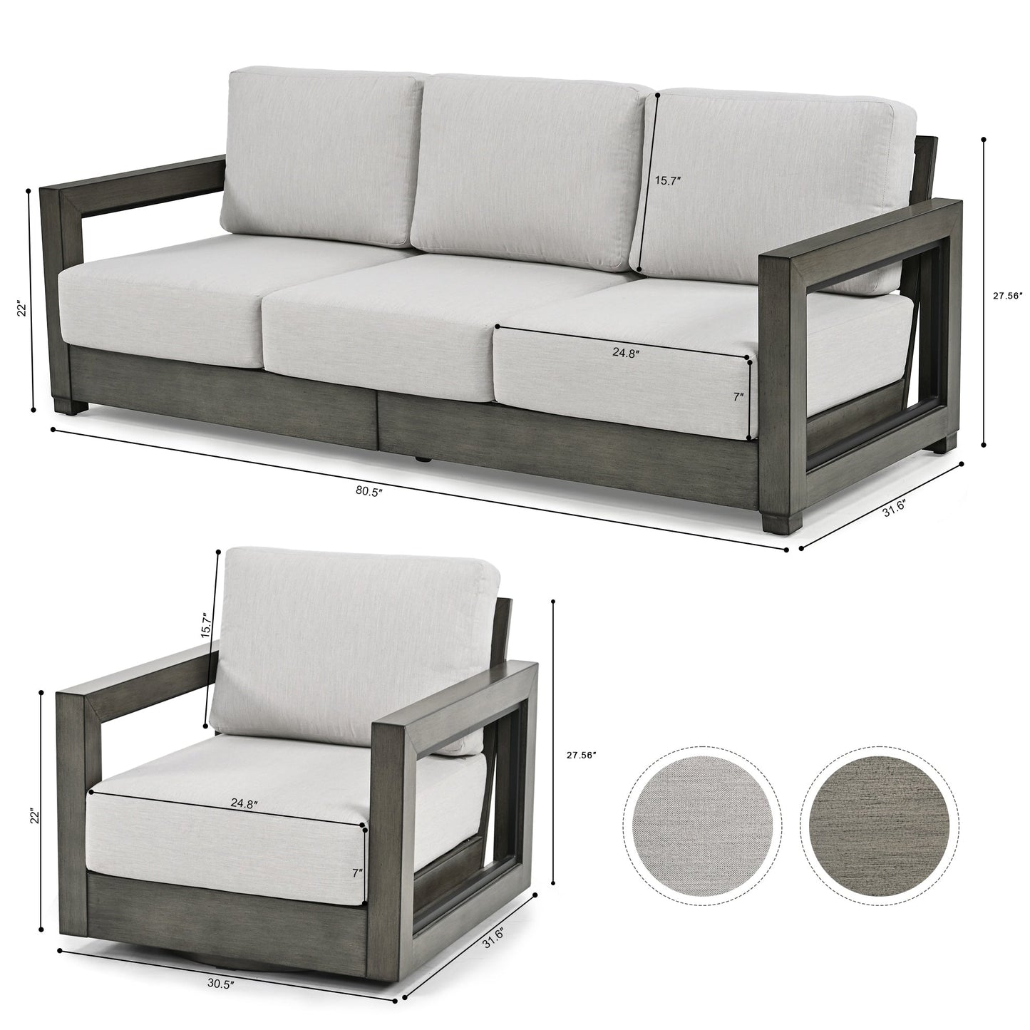 Set da conversazione per patio in alluminio per 5 persone con sedie girevoli, struttura dipinta a mano e cuscini