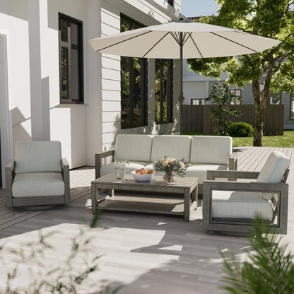 Set da conversazione per patio in alluminio per 5 persone con sedie girevoli, struttura dipinta a mano e cuscini