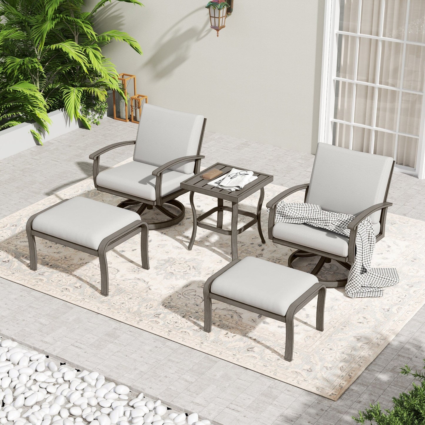 Set da conversazione in alluminio da 5 pezzi per patio con tavolino, pouf e cuscini grigio chiaro