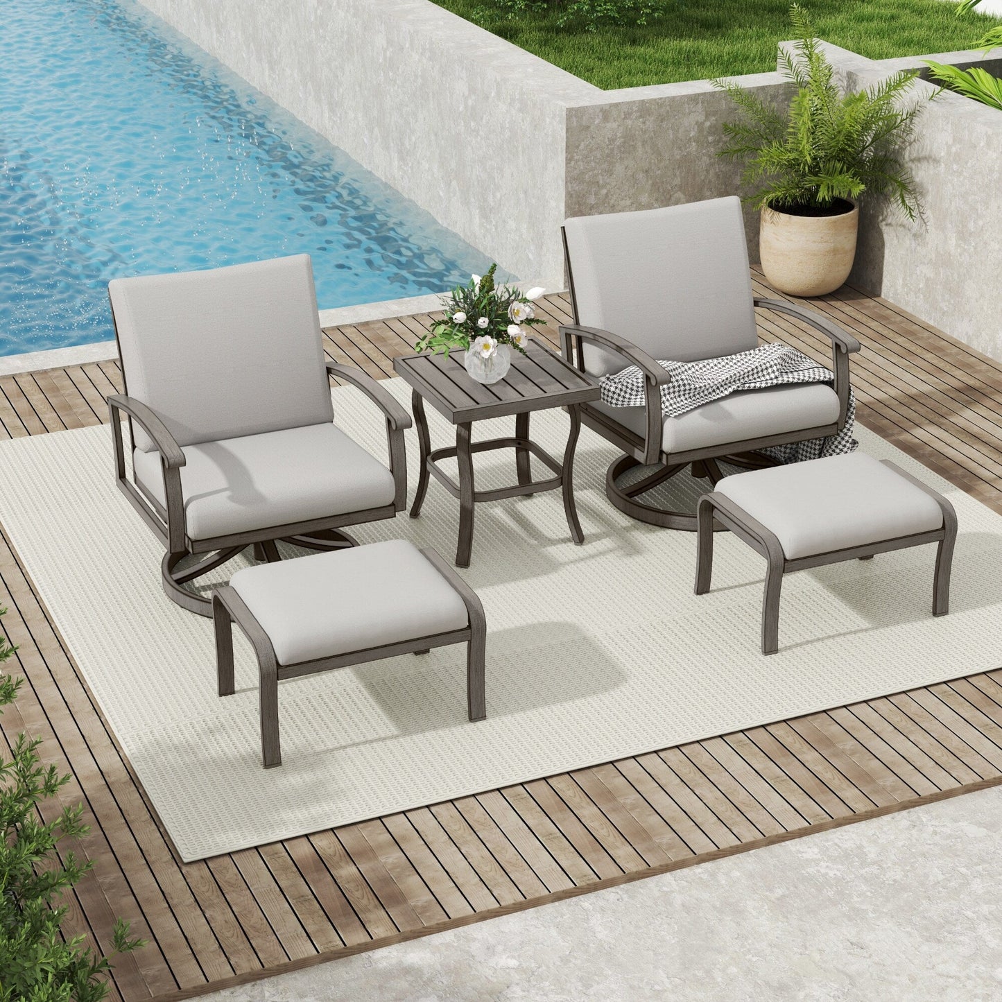 Set da conversazione in alluminio da 5 pezzi per patio con tavolino, pouf e cuscini grigio chiaro