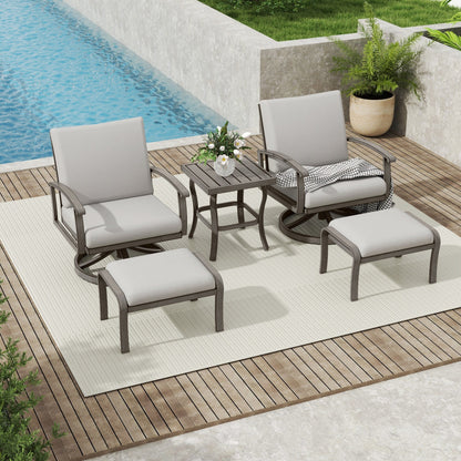 Set da conversazione in alluminio da 5 pezzi per patio con tavolino, pouf e cuscini grigio chiaro