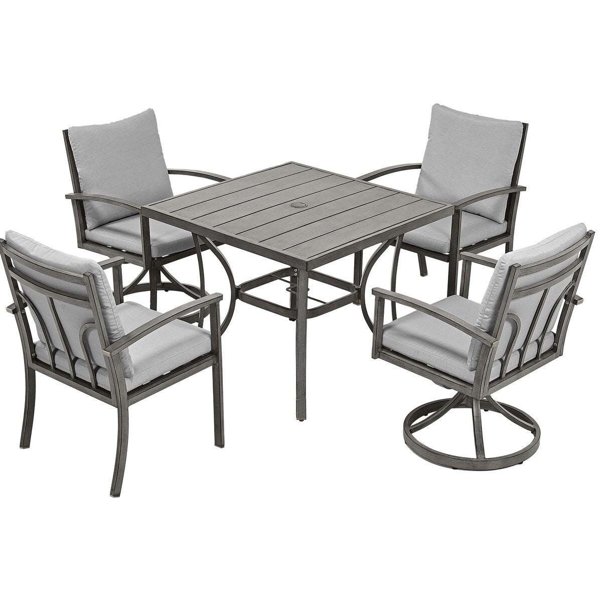 Set da pranzo per patio in alluminio da 5 pezzi con 2 sedie da pranzo girevoli e 2 sedie da pranzo e cuscini lavabili