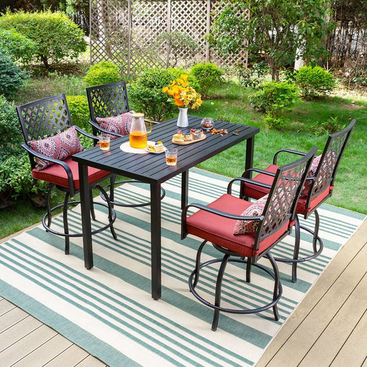 Set da pranzo da bar da 5 pezzi, 4 sedie da bar girevoli in rattan o 4 in metallo e 1 tavolo da bar rettangolare in metallo