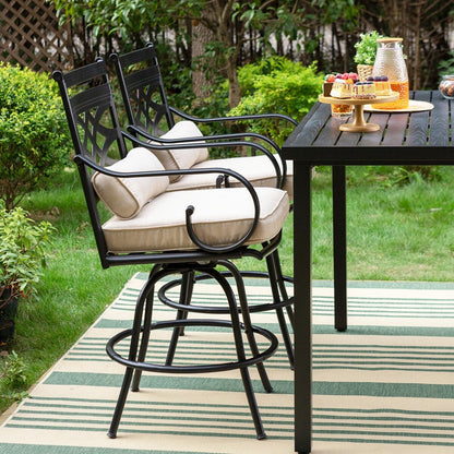 Set da pranzo da bar da 5 pezzi, 4 sedie da bar girevoli in rattan o 4 in metallo e 1 tavolo da bar rettangolare in metallo