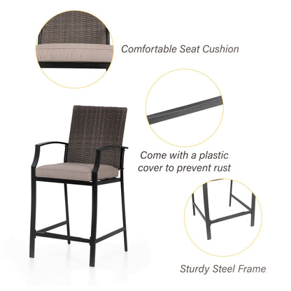 Set da pranzo da bar da 5 pezzi, 4 sedie da bar girevoli in rattan o 4 in metallo e 1 tavolo da bar rettangolare in metallo