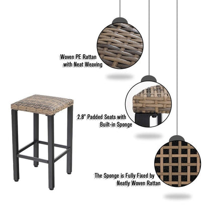 Set da pranzo da bar da 5 pezzi, 4 sedie da bar girevoli in rattan o 4 in metallo e 1 tavolo da bar rettangolare in metallo