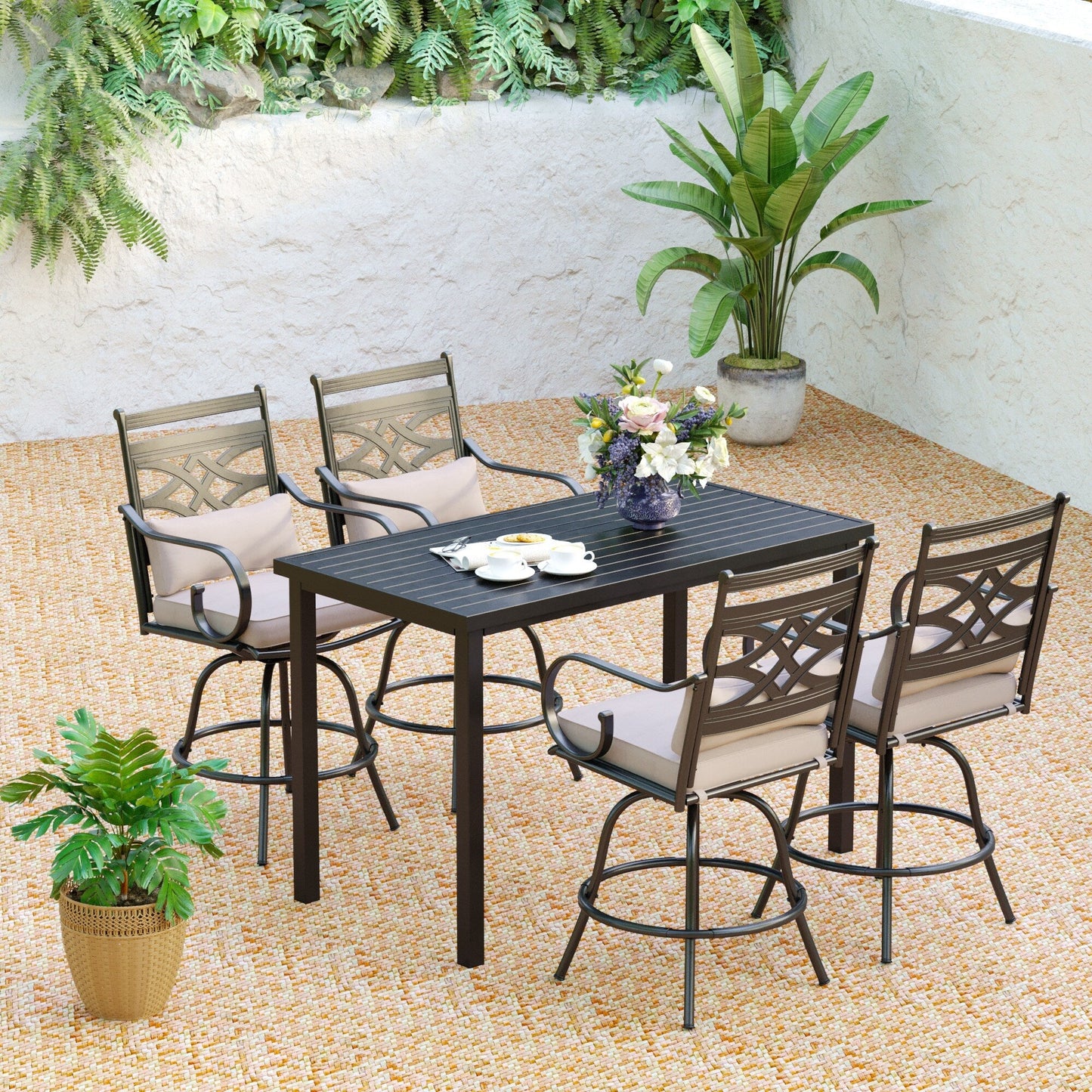 Set da pranzo da bar da 5 pezzi, 4 sedie da bar girevoli in rattan o 4 in metallo e 1 tavolo da bar rettangolare in metallo