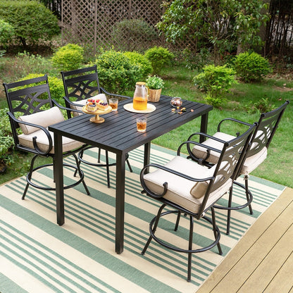 Set da pranzo da bar da 5 pezzi, 4 sedie da bar girevoli in rattan o 4 in metallo e 1 tavolo da bar rettangolare in metallo