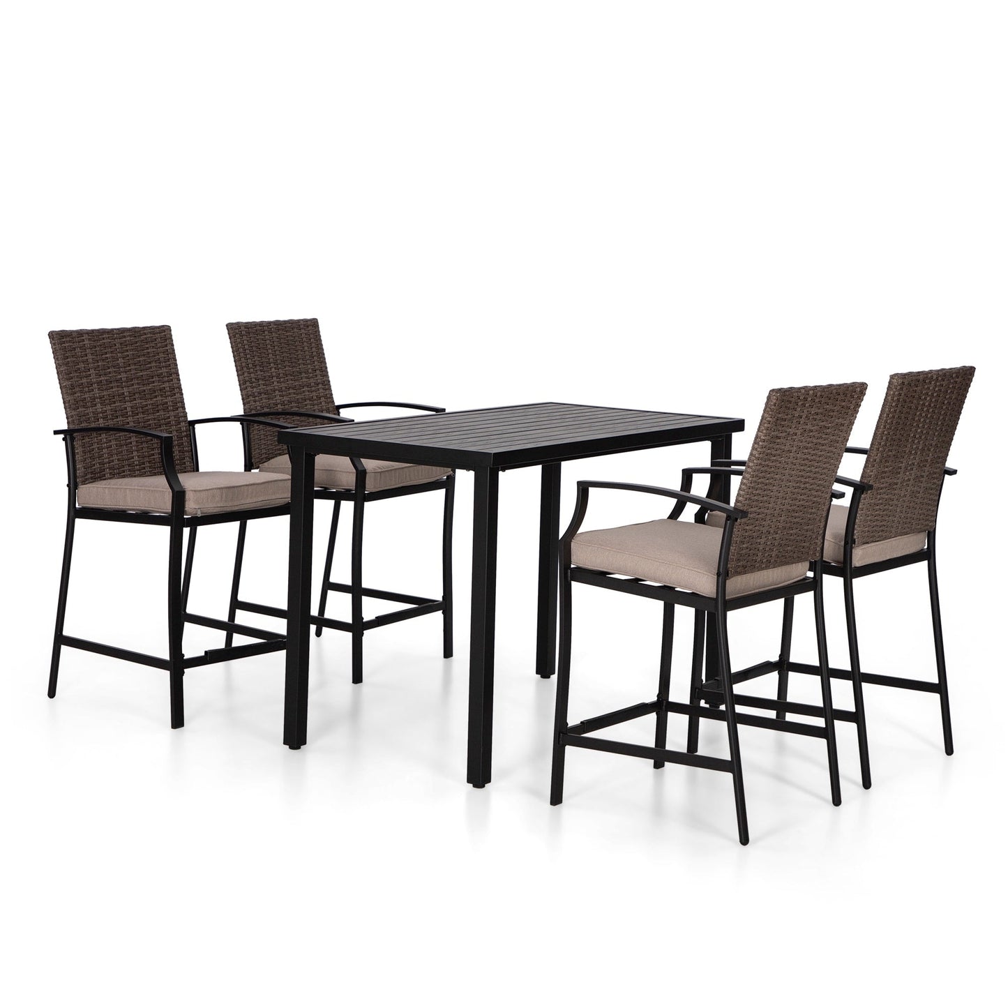 Set da pranzo da bar da 5 pezzi, 4 sedie da bar girevoli in rattan o 4 in metallo e 1 tavolo da bar rettangolare in metallo