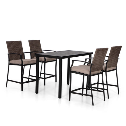 Set da pranzo da bar da 5 pezzi, 4 sedie da bar girevoli in rattan o 4 in metallo e 1 tavolo da bar rettangolare in metallo