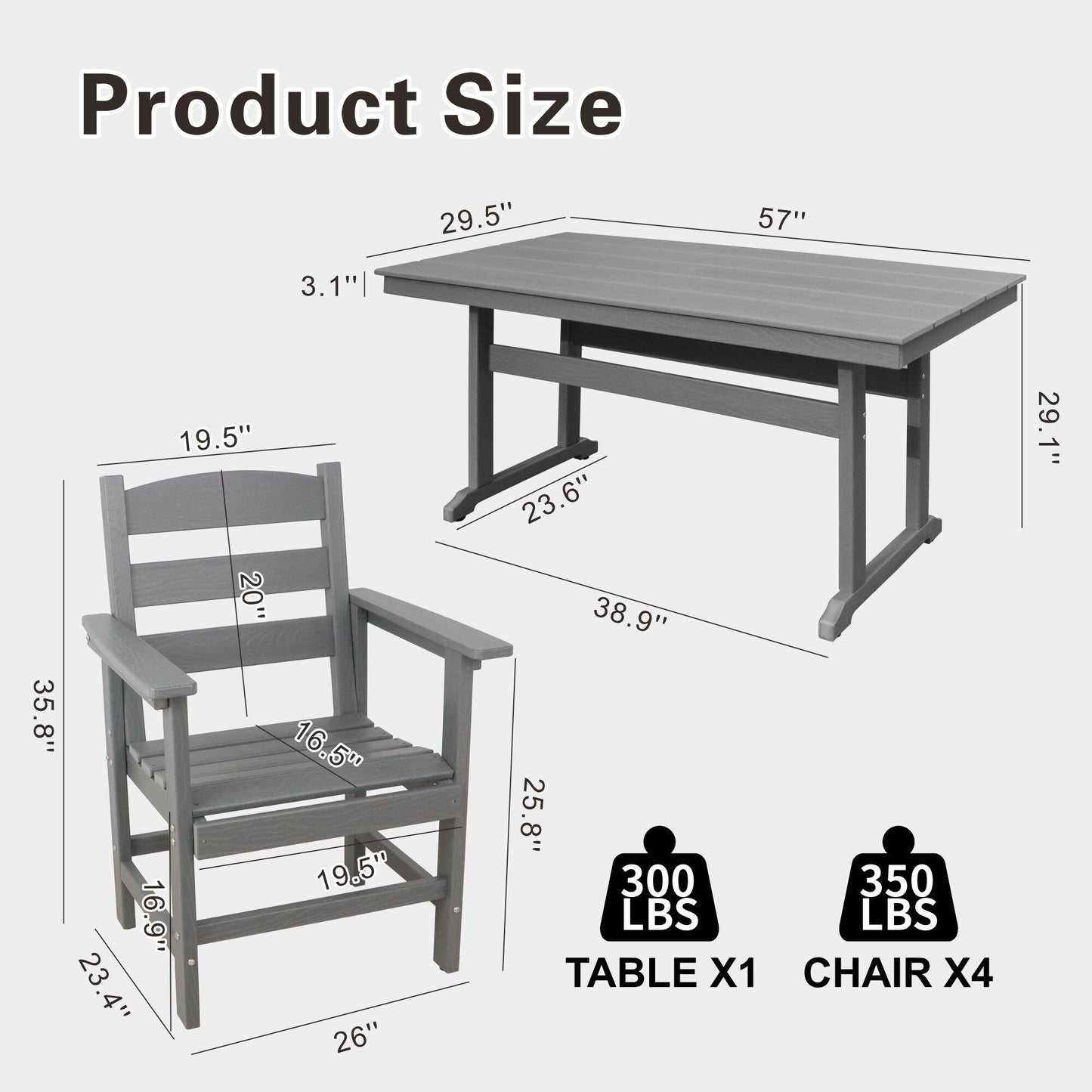 Set da pranzo da giardino in HDPE da 5 pezzi, set di mobili da pranzo per esterni con 4 sedie, tavolo da pranzo e sedie da giardino per esterni