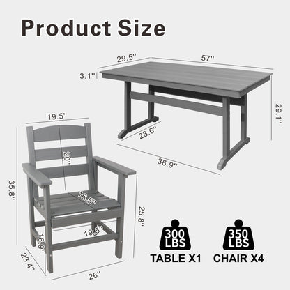 Set da pranzo da giardino in HDPE da 5 pezzi, set di mobili da pranzo per esterni con 4 sedie, tavolo da pranzo e sedie da giardino per esterni