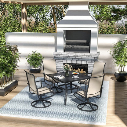 Set da pranzo per esterni in metallo da 5 pezzi con tavolo quadrato e sedie girevoli in textilene