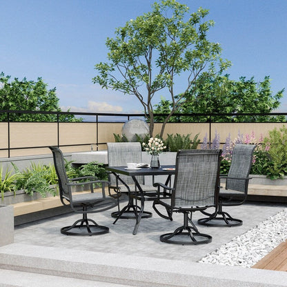 Set da pranzo per esterni in metallo da 5 pezzi con tavolo quadrato e sedie girevoli in textilene