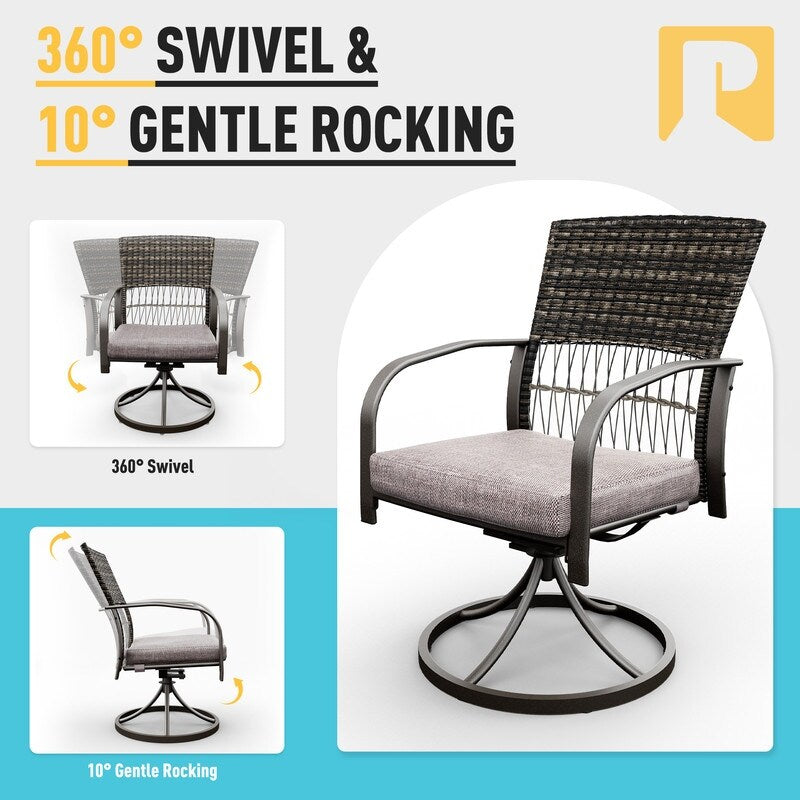 Set da pranzo per esterni in metallo da 5 pezzi con tavolo quadrato e sedie girevoli in rattan con cuscino