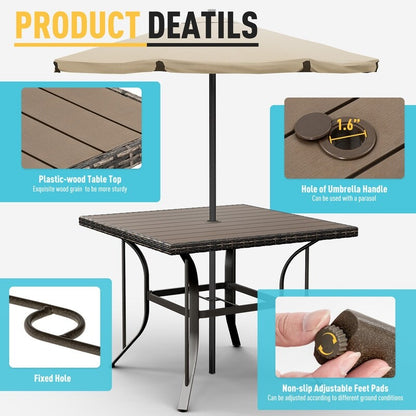 Set da pranzo per esterni in metallo da 5 pezzi con tavolo quadrato e sedie girevoli in rattan con cuscino