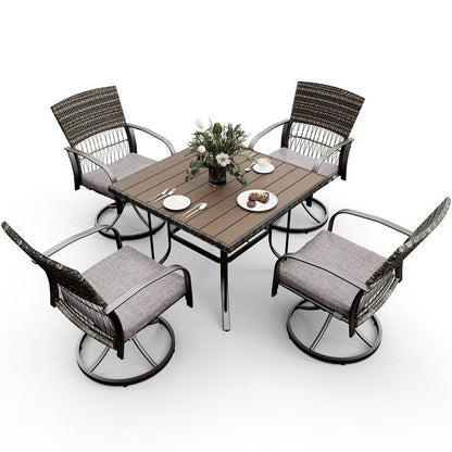 Set da pranzo per esterni in metallo da 5 pezzi con tavolo quadrato e sedie girevoli in rattan con cuscino
