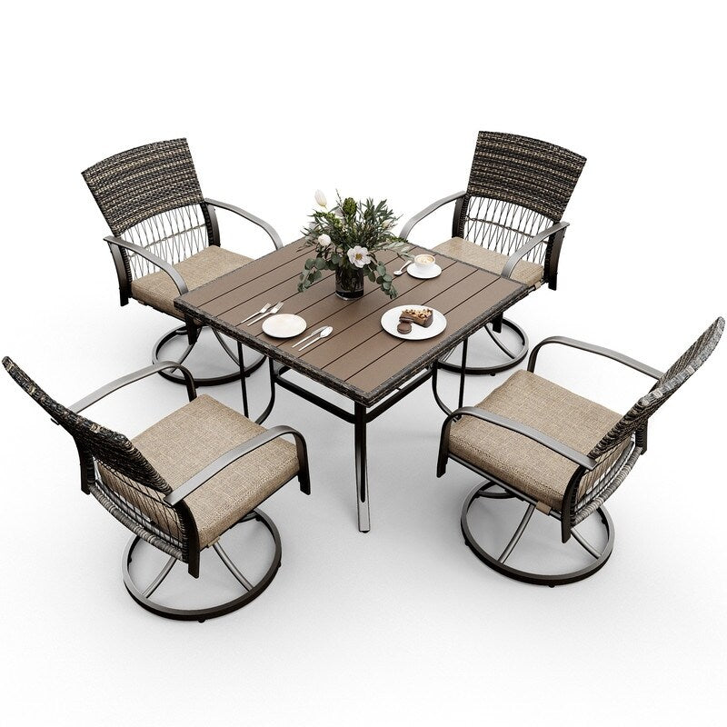 Set da pranzo per esterni in metallo da 5 pezzi con tavolo quadrato e sedie girevoli in rattan con cuscino