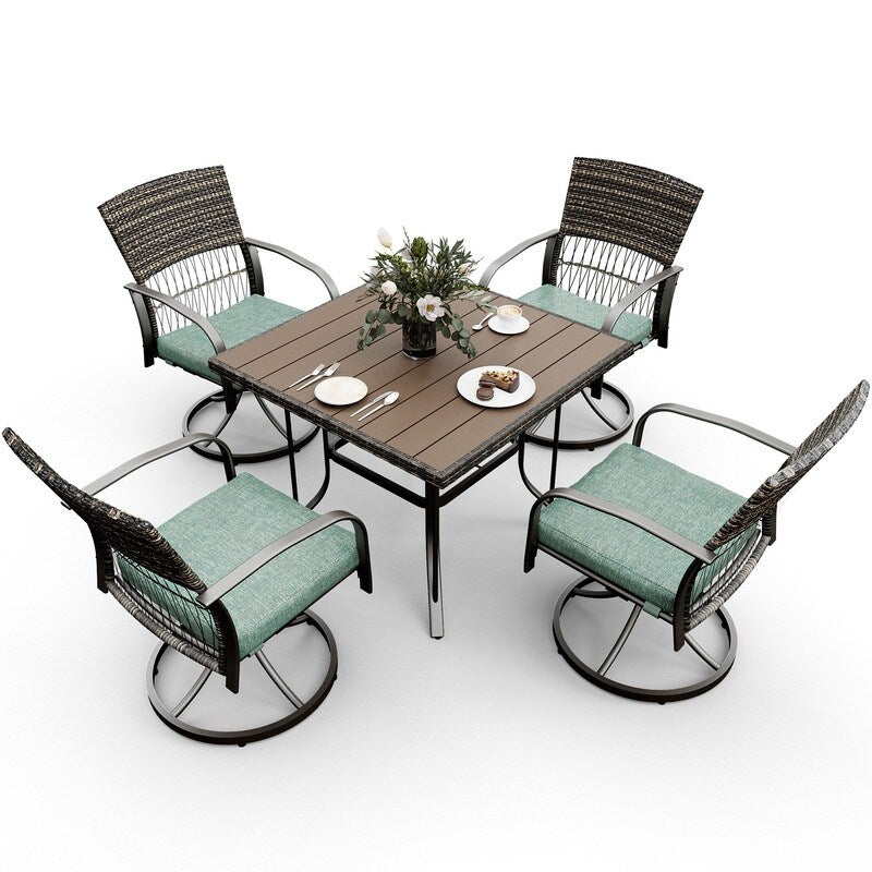 Set da pranzo per esterni in metallo da 5 pezzi con tavolo quadrato e sedie girevoli in rattan con cuscino