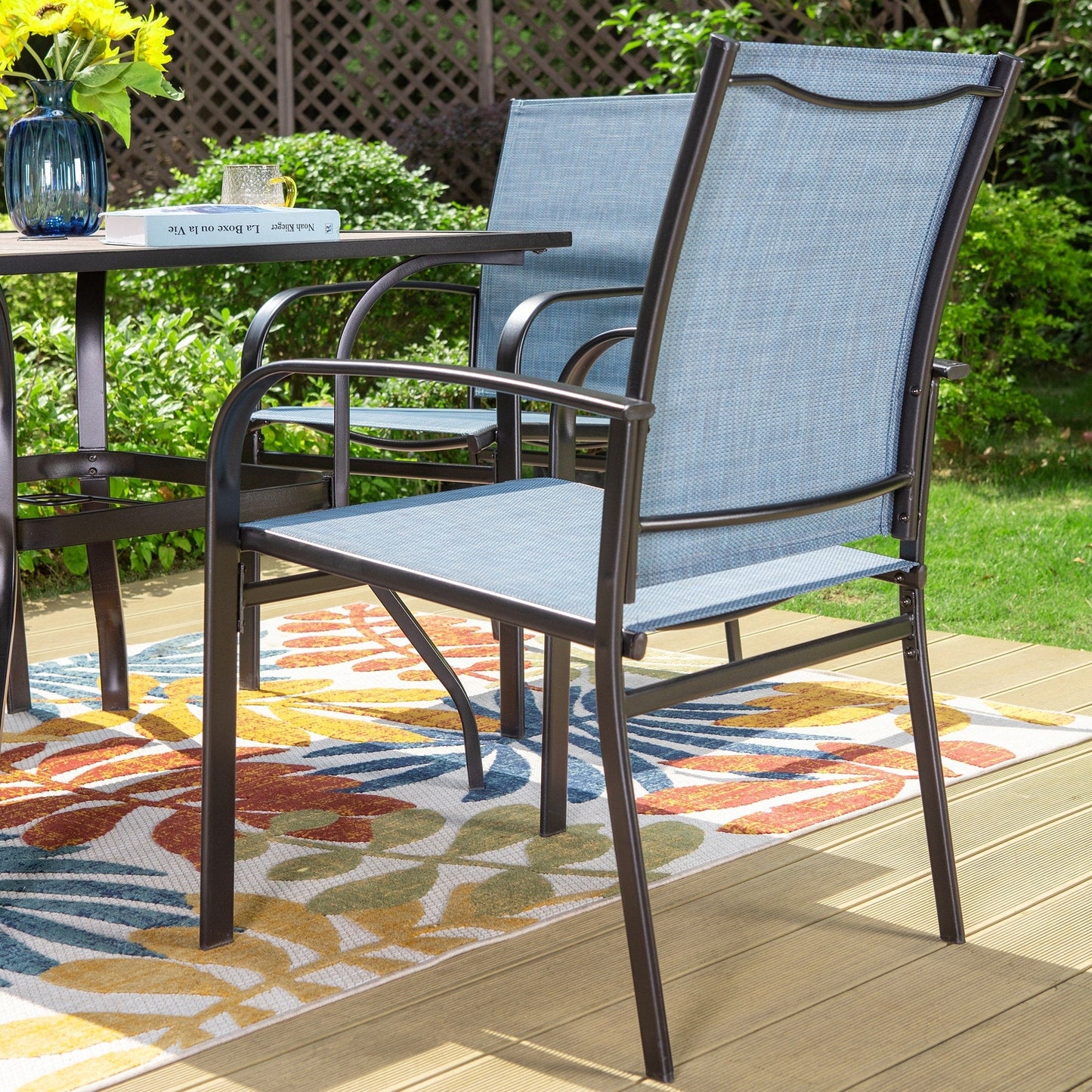 MAISON ARTS Set da pranzo per esterni da 5 pezzi con tavolo quadrato effetto legno e 4 sedie da pranzo in textilene