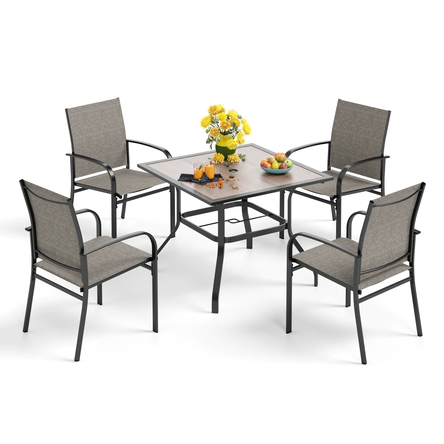 MAISON ARTS Set da pranzo per esterni da 5 pezzi con tavolo quadrato effetto legno e 4 sedie da pranzo in textilene