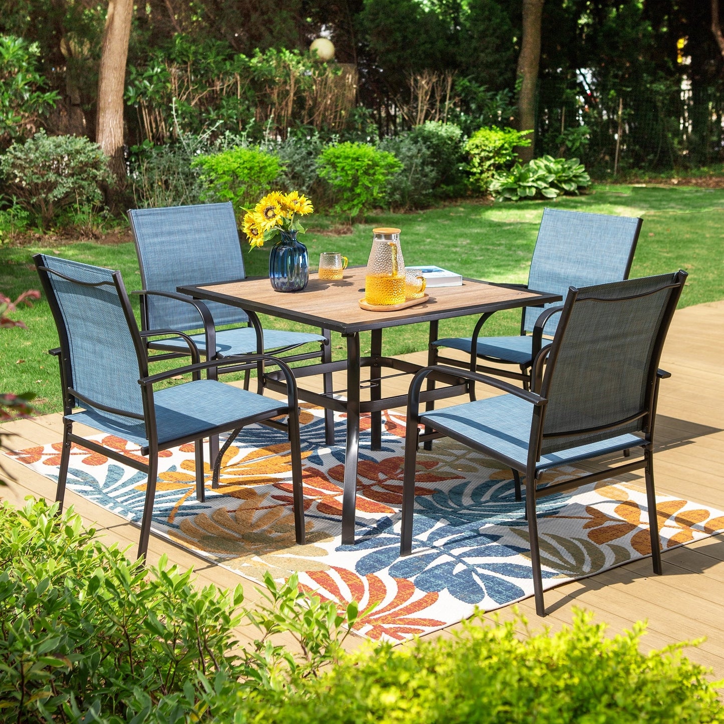 MAISON ARTS Set da pranzo per esterni da 5 pezzi con tavolo quadrato effetto legno e 4 sedie da pranzo in textilene